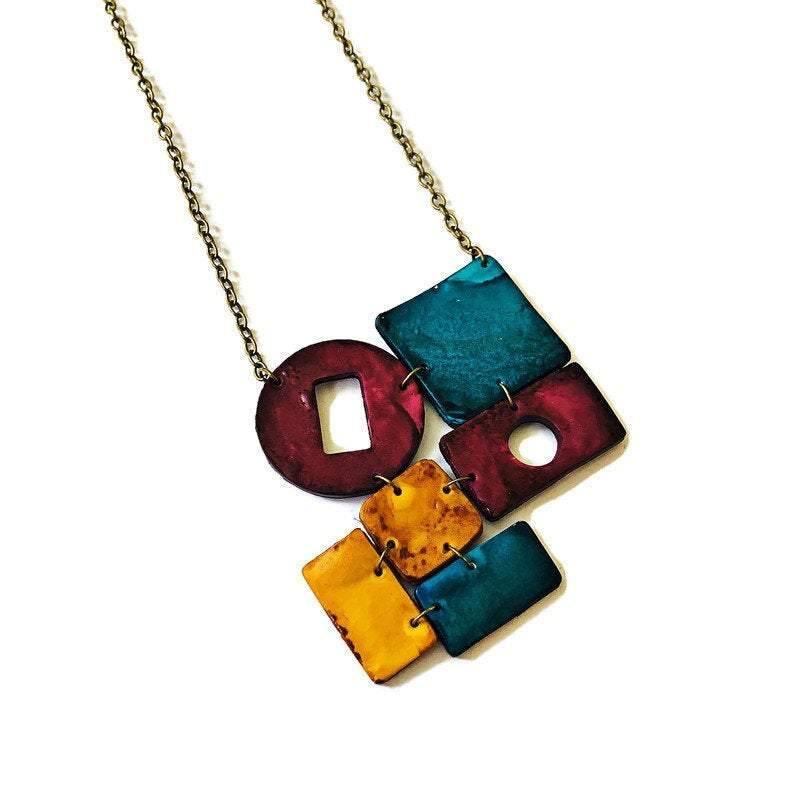 Fall Statement Necklace in Maroon Teal & Mustard Yellow