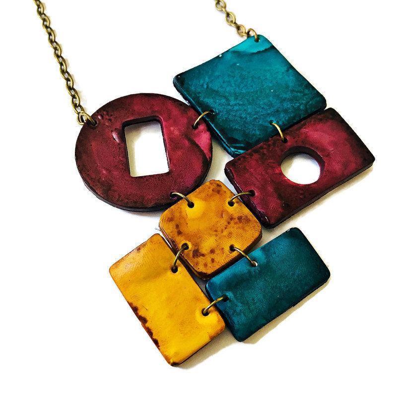 Fall Statement Necklace in Maroon Teal & Mustard Yellow