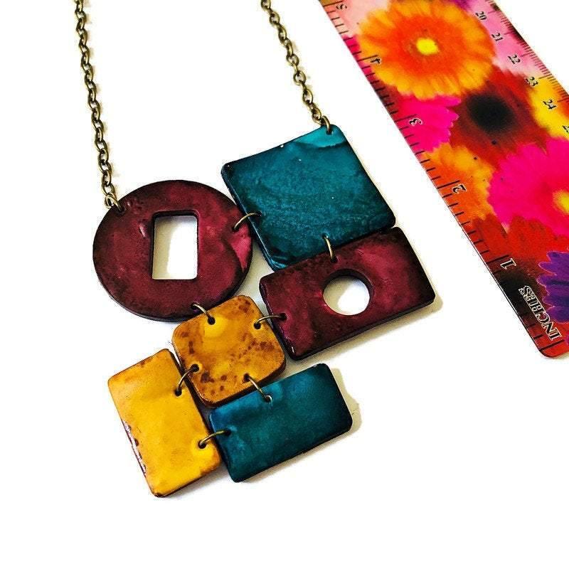 Fall Statement Necklace in Maroon Teal & Mustard Yellow