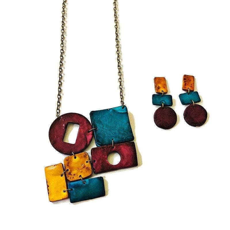 Fall Statement Necklace in Maroon Teal & Mustard Yellow