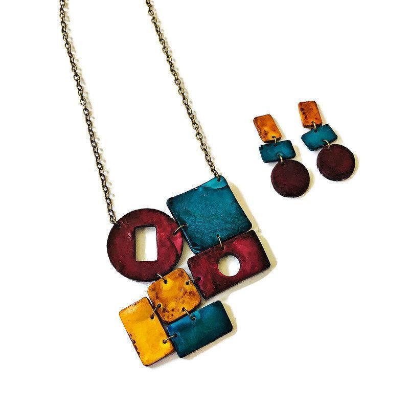 Fall Statement Necklace in Maroon Teal & Mustard Yellow